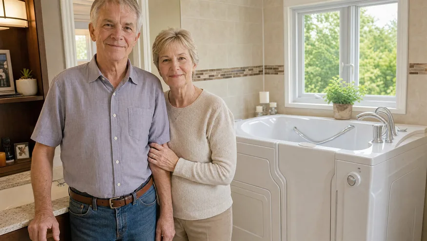 Senior couple in their newly renovated bathroom with a walk-in tub
