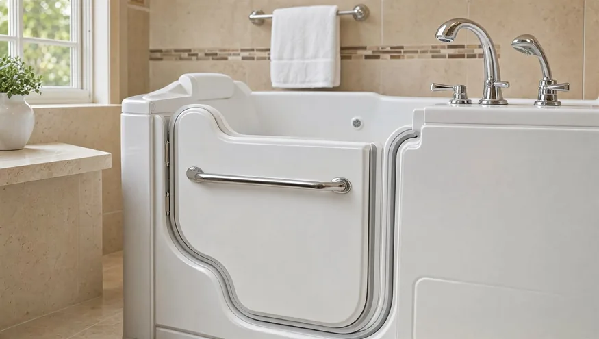 Detail close-up of a premium walk-in tub side-door entry and safety bar
