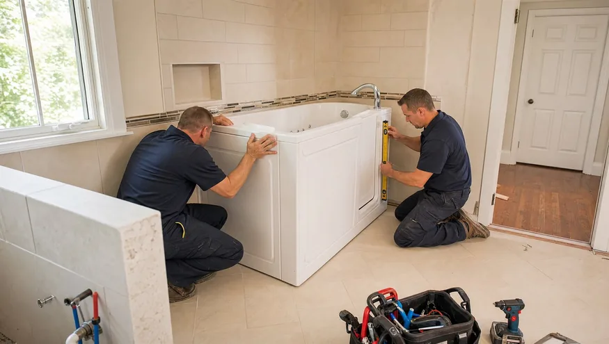 Two professional installers placing a new walk-in tub
