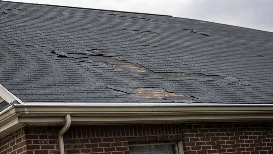 A clearly storm-damaged residential roof