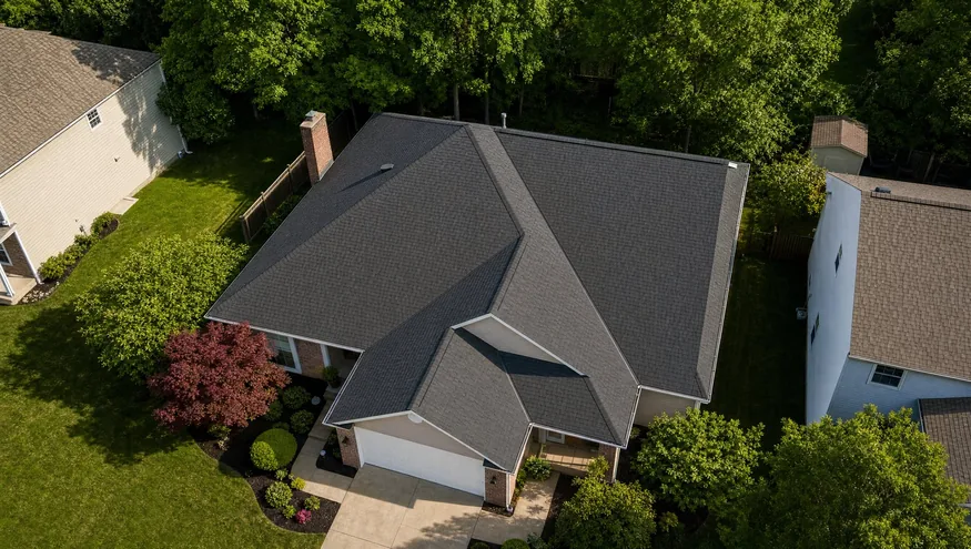 Drone aerial view of a completed asphalt shingle roof replacement