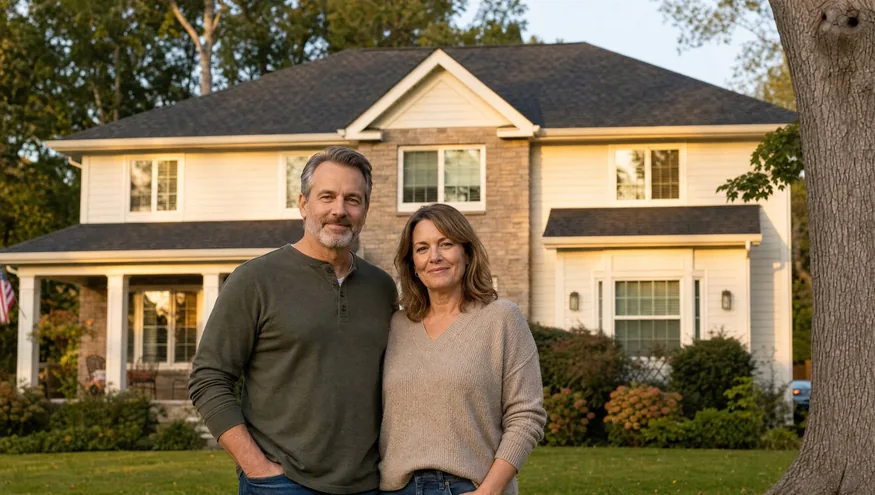 A homeowner couple in front of their newly-roofed home