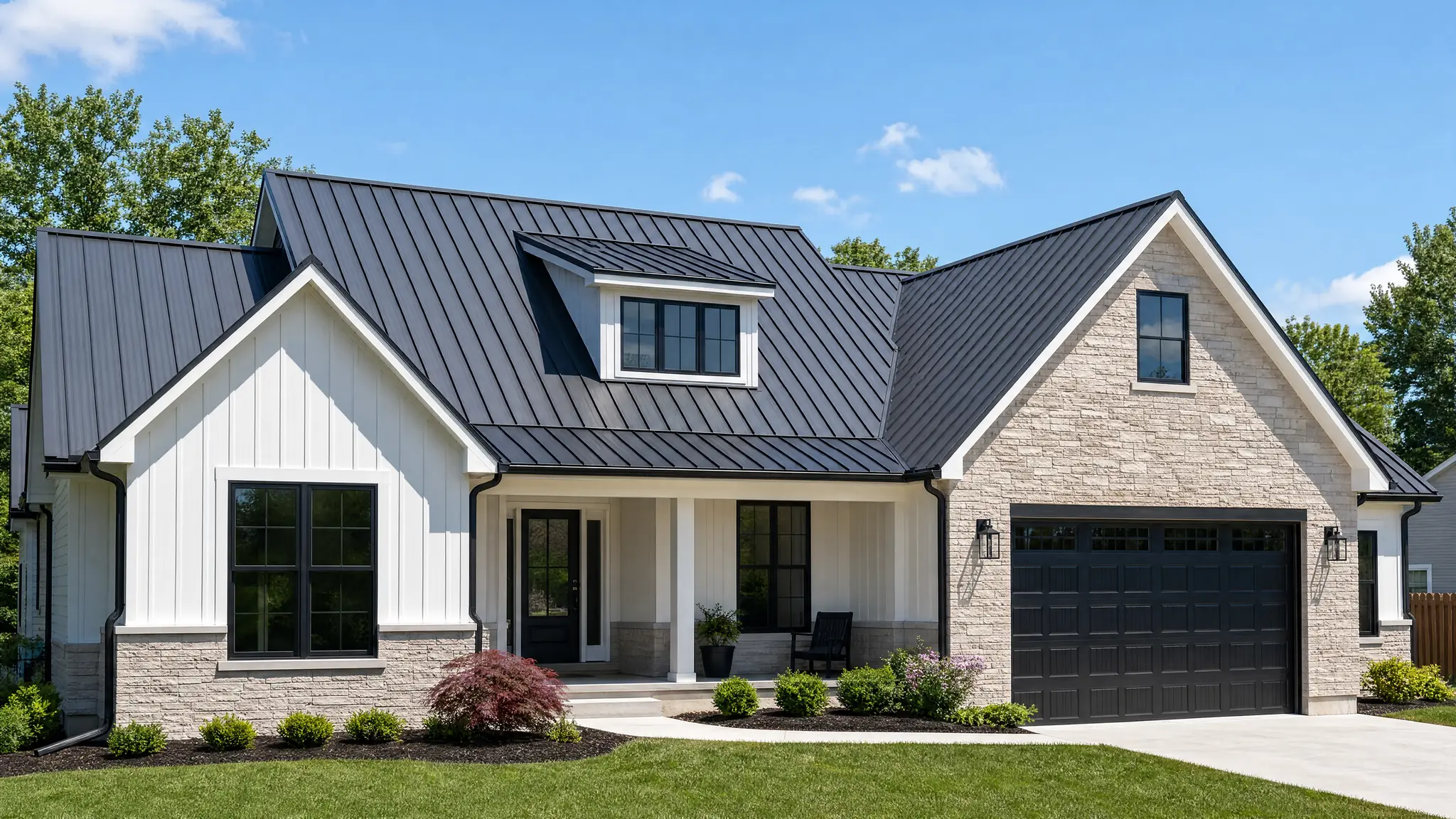 A modern farmhouse with a standing-seam black metal roof and stone veneer exterior
