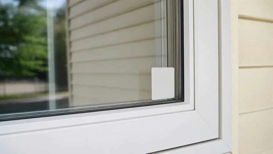 Close-up detail of a modern double-pane energy-efficient window with rating sticker