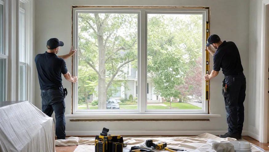 Two professional window installers placing a new double-pane window into a home opening